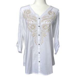 Sonoma Womens Boho Embroidered White Button Down Top Long Sleeve Shirt Size L
